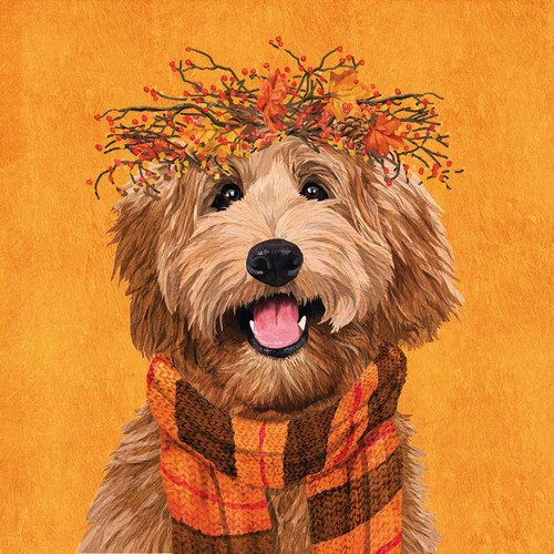 20 Servietten Dudley - Hund mit Herbstkrone und Schal 33x33cm