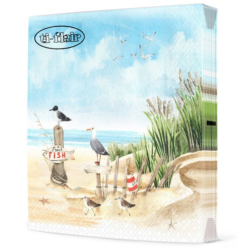 20 Servietten Fresh Fish at Coastal Dune - Möwen kundschaften den Strand aus 33x33cm