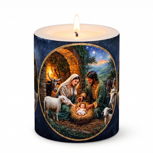 Kerze rund Holy Christmas - Ausschnitte von Christi Geburt Ø 8cm, Höhe 8,5cm