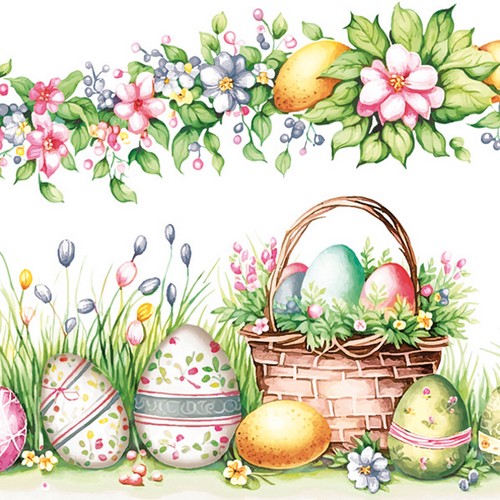 20 Servietten Watercolour Scene with Basket, Eggs & Flowers - Unbekümmerte Osterszene 33x33cm