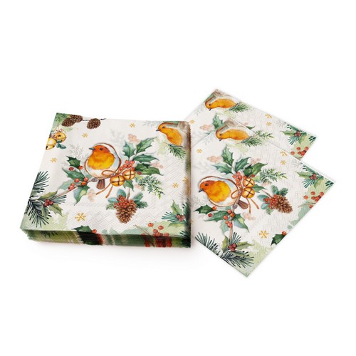 20 Servietten Robins Melody cream - Rotkehlchen an Weihnachtszweig 33x33cm