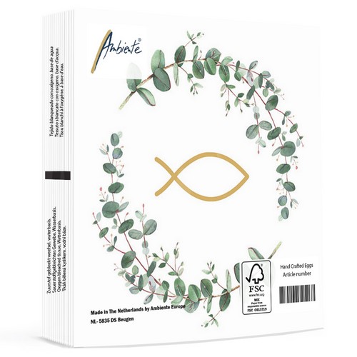 20 Servietten Communion Branches white - Fisch im Kranz voller Blätter weiß 33x33cm