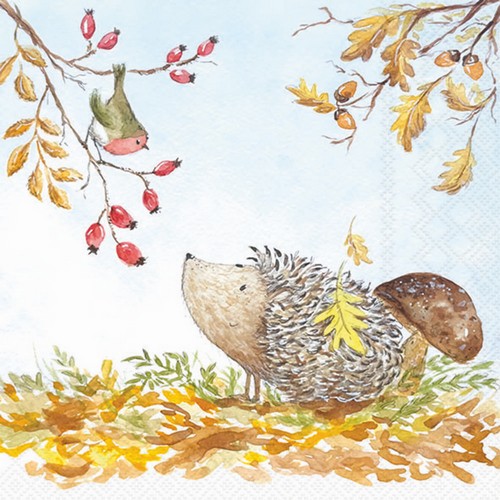 20 Servietten Forest Friends - Herbstcomic Igel und Vogel 33x33cm