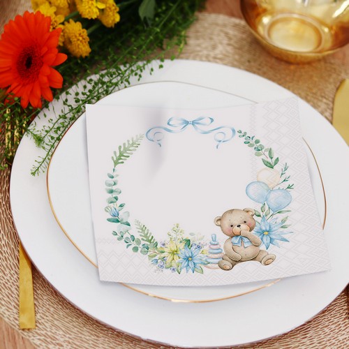 20 Servietten Baby Teddy Bear blue - Teddy im blauen Kranz 33x33cm