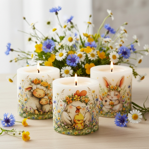 Kerze rund Lovely Spring Families - Fröhliche Frühlingstiere Ø 8cm, Höhe 9cm