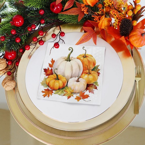 20 Servietten Pumkin Season - Große Kürbisse an Blätter 33x33cm