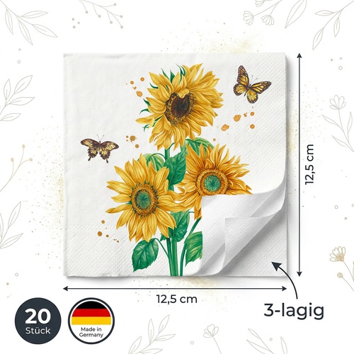20 kleine Cocktailservietten Sunshine bloom - Sonnenblumen mit Schmetterlinge 25x25cm