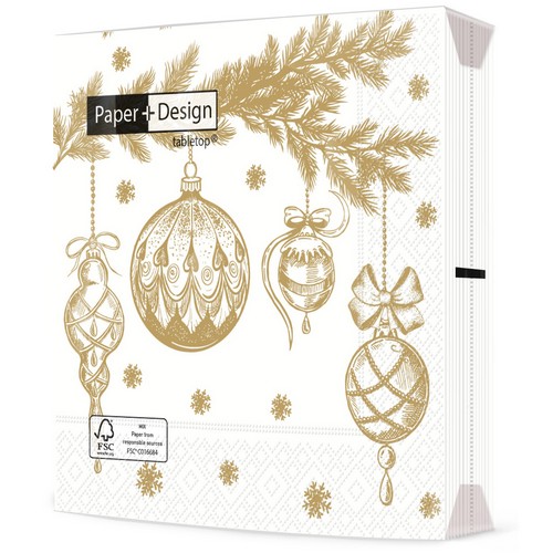 20 Servietten Bauble symphony - Goldener Weihnachtsschmuck 33x33cm