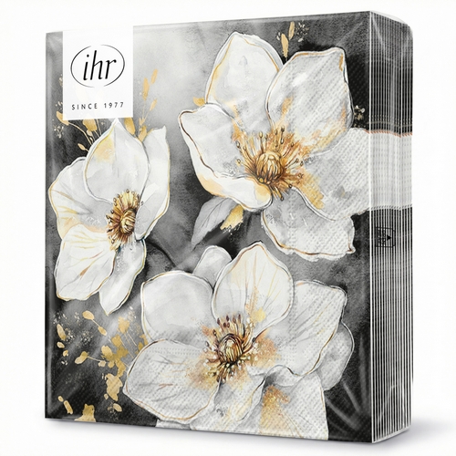20 Servietten Golden Grace black - Weiße Weihnachtsrosen auf schwarz 33x33cm