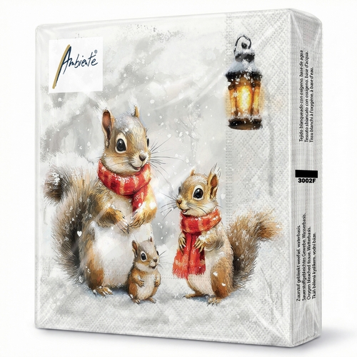 20 Servietten Squirrel Family - Winter-Eichhörnchen an Laterne 33x33cm