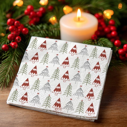 20 kleine Cocktailservietten Fun trees Red - Gemalte Weihnachtsbäume rot-grün 25x25cm