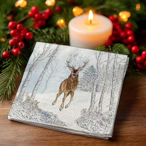 20 kleine Cocktailservietten Cerf Hiver - Hirsch im schneebedecktem Wald 25x25cm