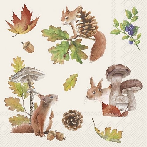20 Servietten Fall Squirrel - Eichhörnchen an Blätter und Pilze 33x33cm