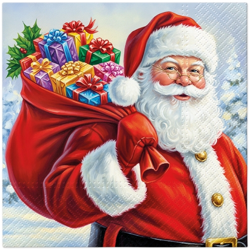20 Servietten Santa Surprise - Weihnachtsmann mit Geschenkesack 33x33cm