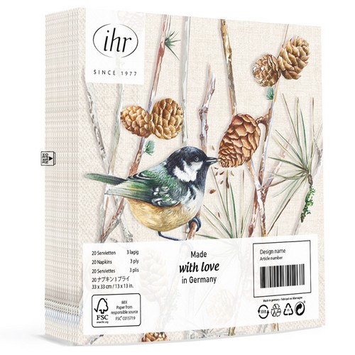 20 Servietten Bird on Branch cream - Vogel umgeben von Zapfen 33x33cm