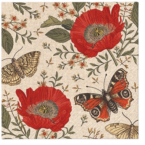 20 Servietten Recycling Papier We care Passing Butterlies - Schmetterling an Naturblüten 33x33cm