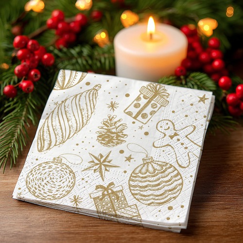 20 kleine Cocktailservietten Bauble symphony - Goldener Weihnachtsschmuck 25x25cm