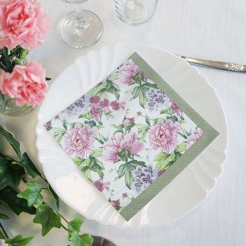 20 Servietten Botanical Romance - Pfingstrosen an grüner Bordüre 33x33cm