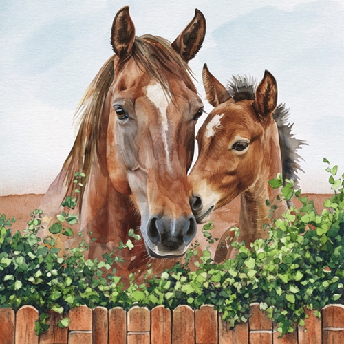 20 Servietten Fattrice e Puledro - Pferdefamilie am Zaun 33x33cm