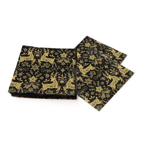 20 Servietten Christmas Ornaments black gold - Goldene Hirsche edel auf schwarz 33x33cm