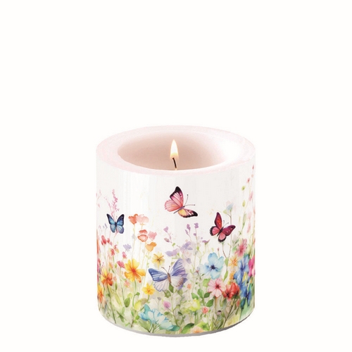 Kerze rund klein Butterflies in field white  - Schmetterlinge im bunten Blumenfeld Ø 7,5cm, Höhe 9cm
