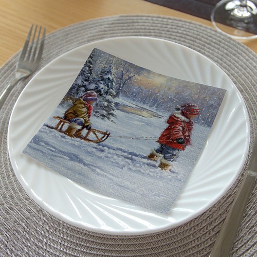 20 Servietten Winter Sleigh Ride - Kind zieht Schlitten 33x33cm