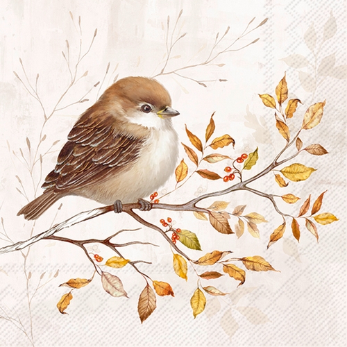 20 Servietten Autumn Melody cream - Vogel auf Ast voller Herbstblätter 33x33cm
