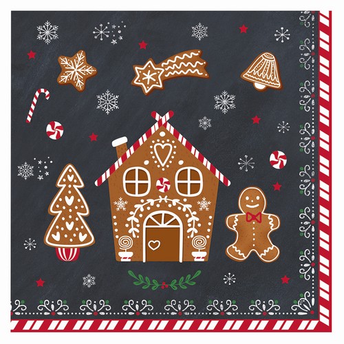 20 Servietten Gingerbread - Lebkuchenhaus auf schwarz 33x33cm