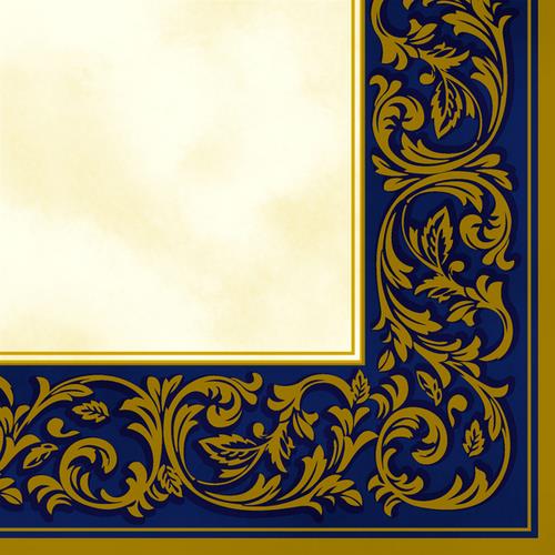 20 Servietten Rococo Pattern blue - Goldene Bordüre auf blau/creme 33x33cm