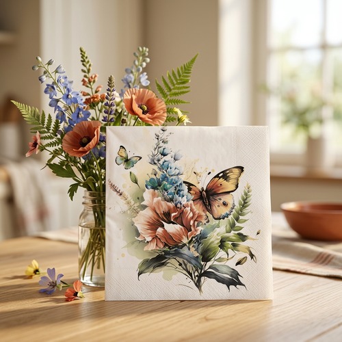 20 Servietten Butterfly and Floral Watercolour Illustration - Schmetterling an Blumenbouquet 33x33cm
