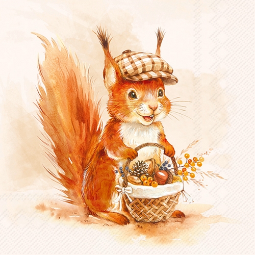 20 Servietten Monty cream - Eichhörnchen mit Herbstkorb 33x33cm