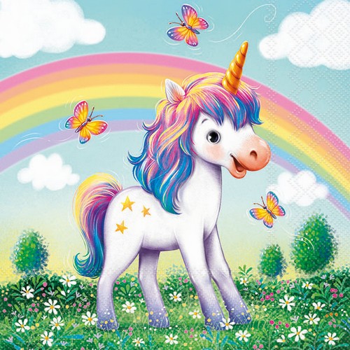 20 Servietten Jolly - Einhorn am bunten Regenbogen 33x33cm