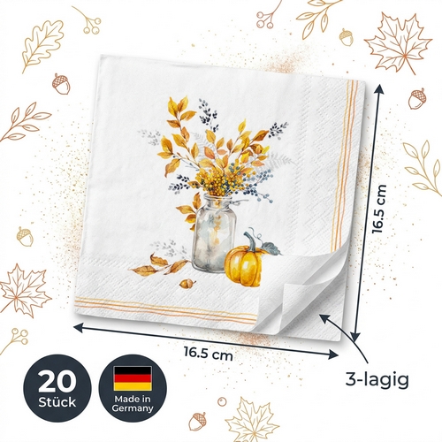 20 Servietten Autumn Glow Bouquet - Kürbis an Herbstvase 33x33cm