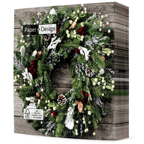 20 Servietten Frosty Wreath - Weihnachtskranz Natur 33x33cm