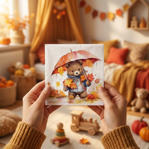 20 Servietten Umbrella Bear - Teddybär unter Schirm im Herbst 33x33cm