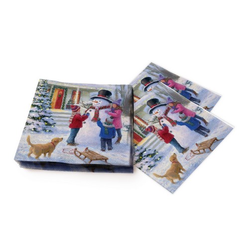20 Servietten Fun withe Snowman - Kinder bauen Schneemann am Haus 33x33cm