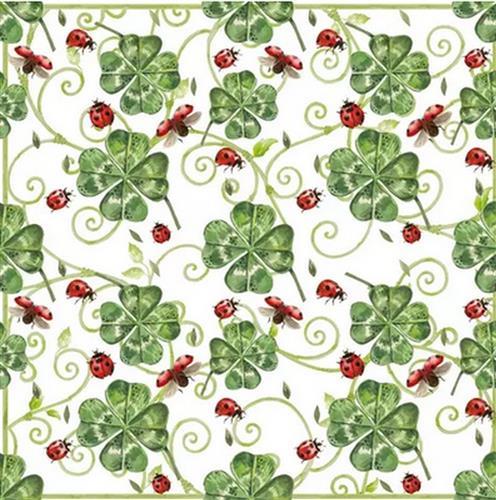 20 Servietten Clover & Ladybugs - Marienkäfer fliegen um Kleeblätter 33x33cm