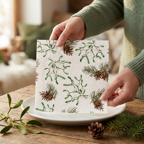 20 Servietten Sweet Mistletoe - Zarte Mistelzweige und Zapfen 33x33cm