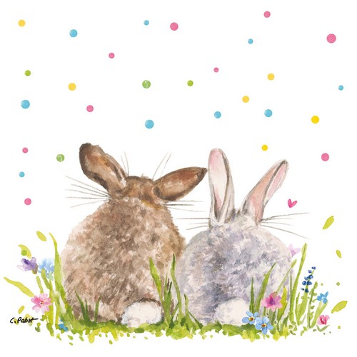 20 Servietten Easter Party - Hasenpaar im Gras mit bunten Punkten 33x33cm