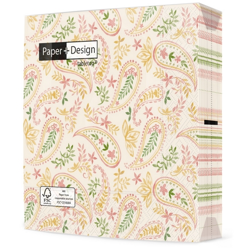 20 Servietten Golden paisley - Paisley-Design creme/rosa 33x33cm