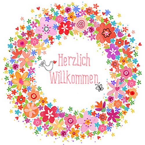 20 Servietten Buntes Willkommen - Willkommen im bunten Blumenkranz 33x33cm