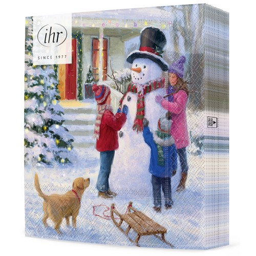 20 Servietten Fun withe Snowman - Kinder bauen Schneemann am Haus 33x33cm