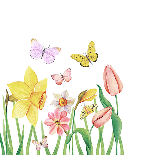 20 kleine Cocktailservietten Butterfly meadow - Schmetterlinge an Frühlingsblumen 25x25cm