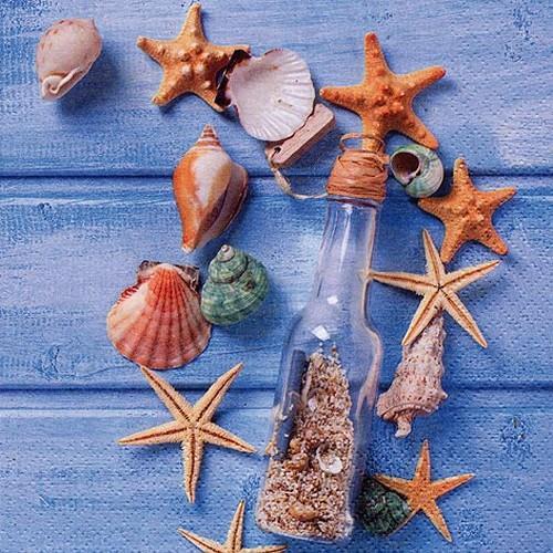 20 Servietten Glas Bottle with Seashells - Muscheln an Meeresschatz 33x33cm