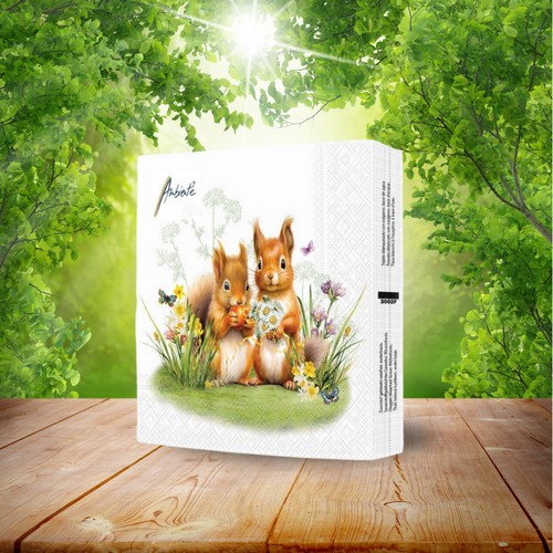 20 Servietten Little Squirrels - Eichhörnchen-Paar an Blumen 33x33cm