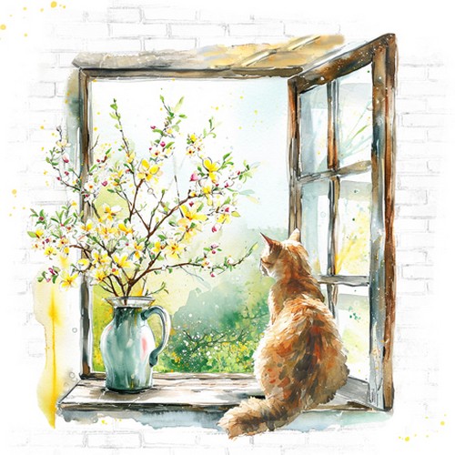20 Servietten Aspettando la Primavera - Katze am Gartenfenster 33x33cm