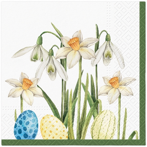 20 Servietten Easter Garden - Narzissen und Ostereier 33x33cm