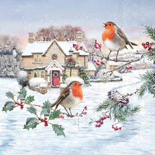 20 Servietten Birdy Village - Rotkehlchen an Winterhaus 33x33cm