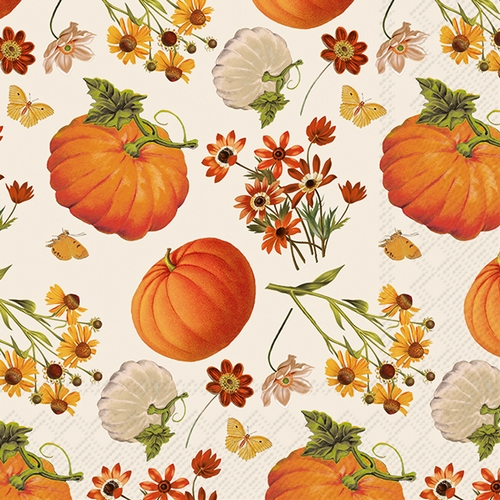 20 Servietten Floral Pumpkins cream - Fliegende Kürbisse und Blumen 33x33cm