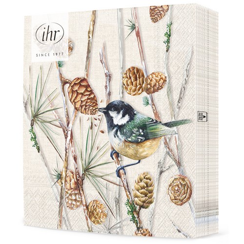 20 Servietten Bird on Branch cream - Vogel umgeben von Zapfen 33x33cm